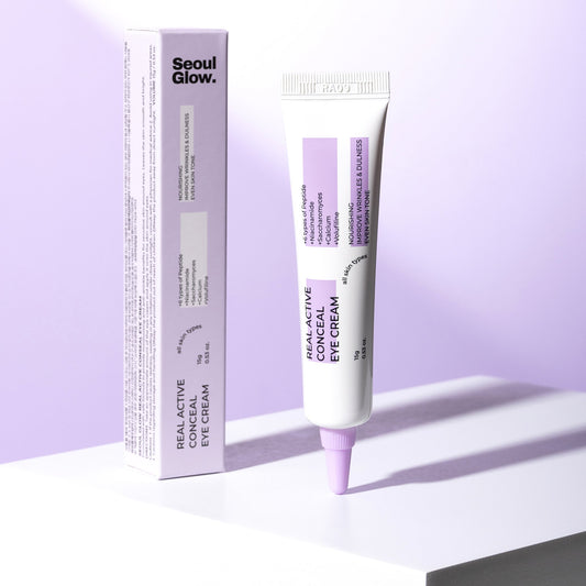 SEOULGLOW Real Active Conceal Eye Cream tube and box on a lilac backdrop