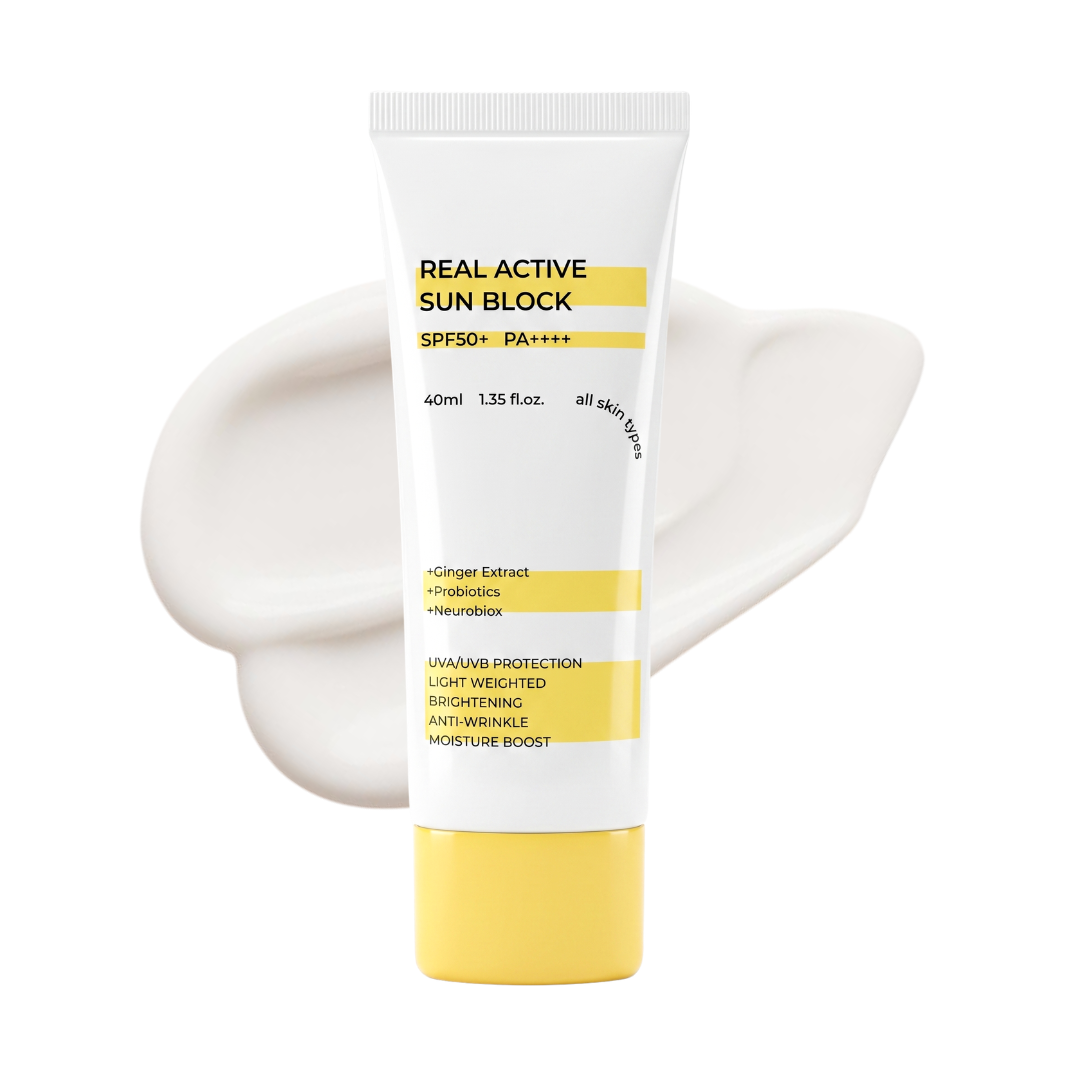 SEOULGLOW Real Active Sun Block tube with a swatch of cream behind it