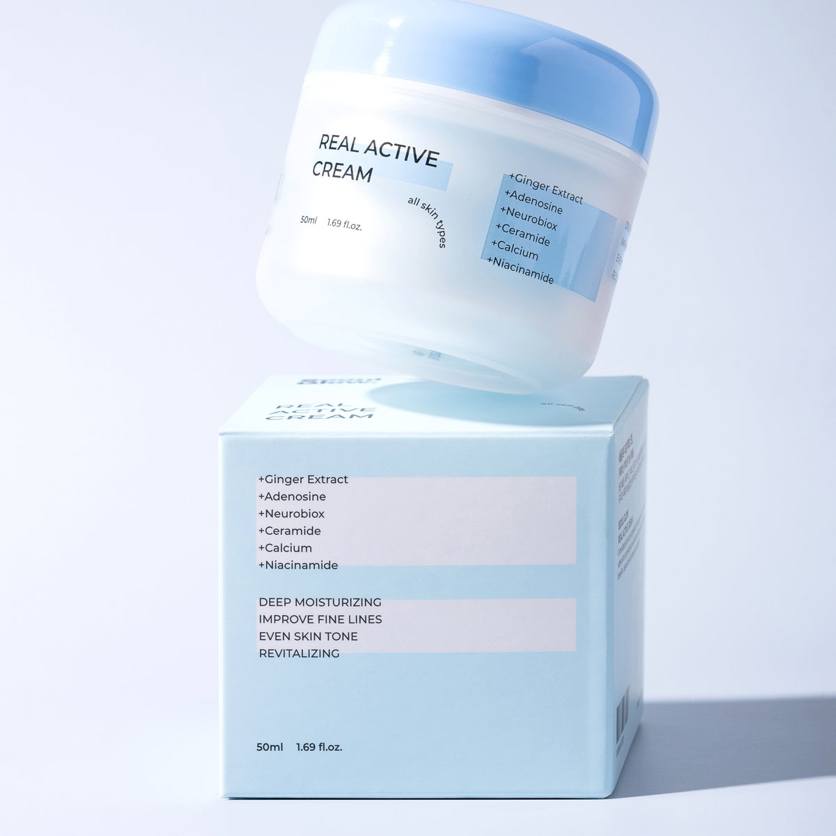 SEOULGLOW Real Active Cream 50ml jar balanced on its packaging box