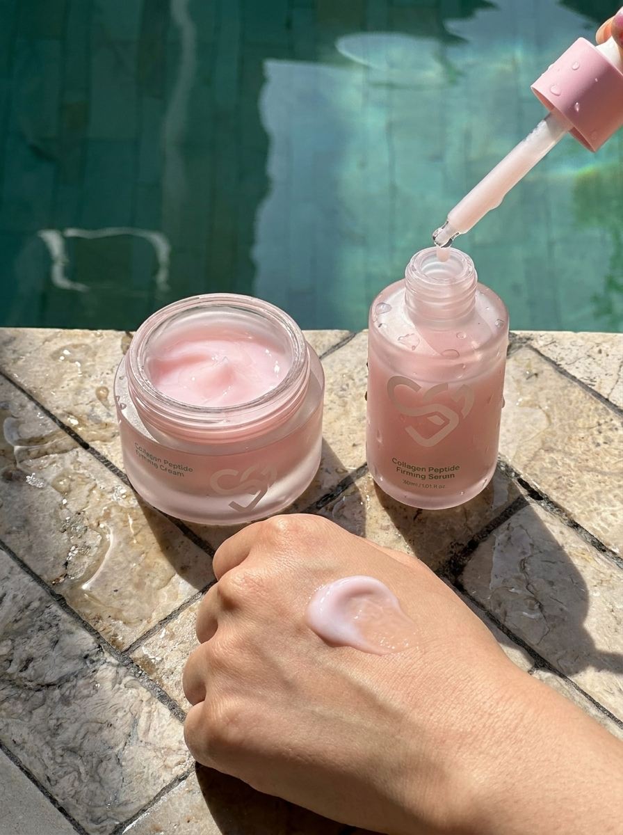 SEOULGLOW Collagen Peptide Firming Serum and Cream poolside with a swatch on skin
